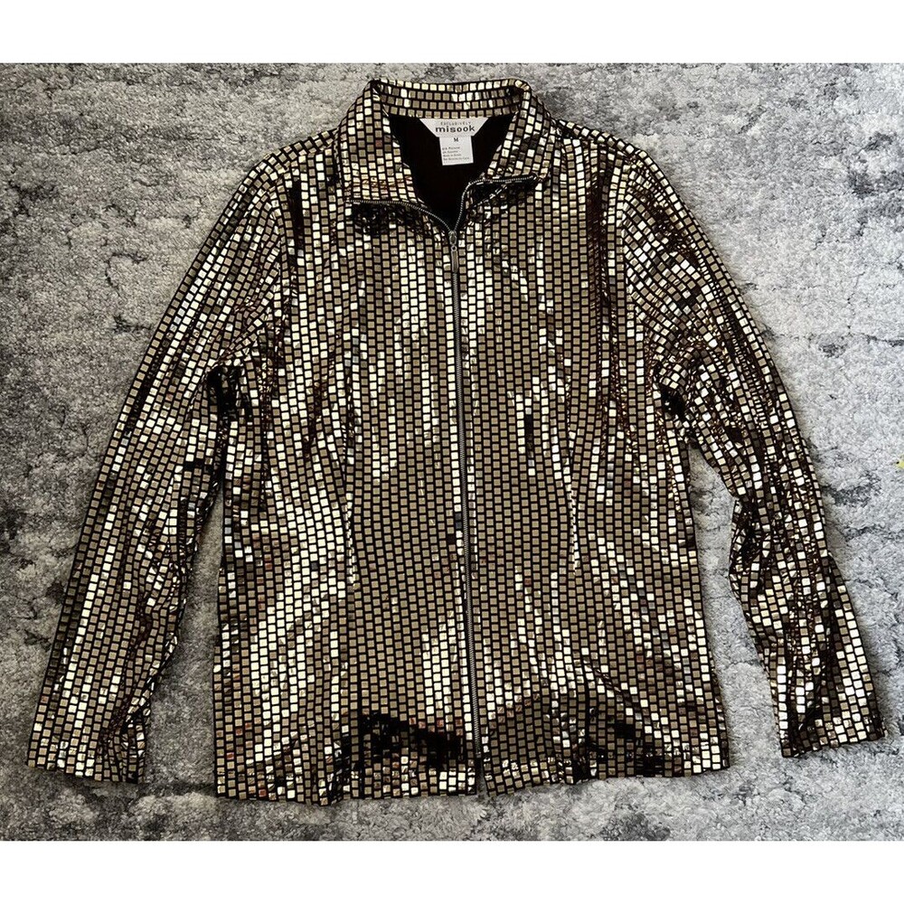 Exclusively Misook Gold Paliette Zip Front Collared Long Sleeve Jacket Size M